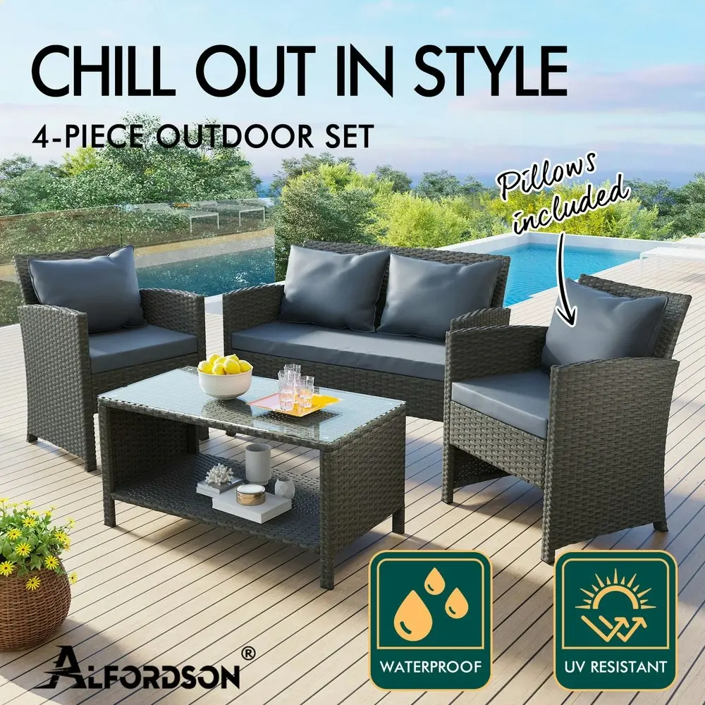 Alfordson Outdoor Furniture 4PCS Patio Wicker Set Pillows Dark Grey