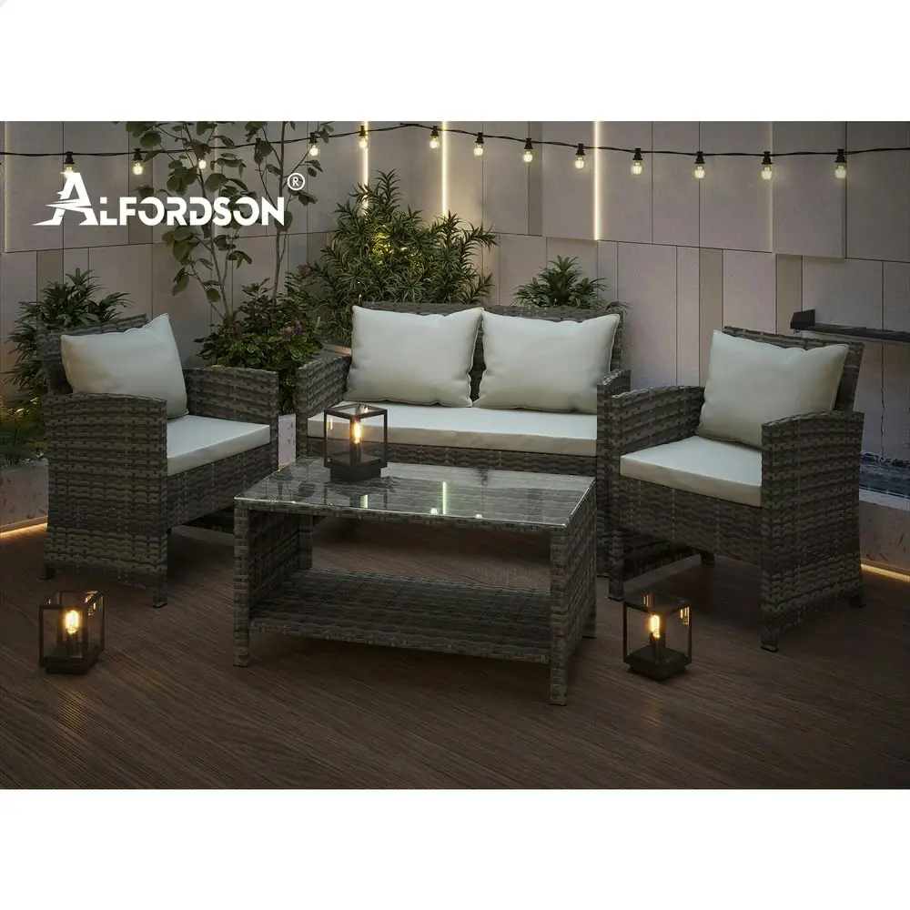 Alfordson Outdoor Furniture 4PCS Patio Wicker Set Pillows Grey