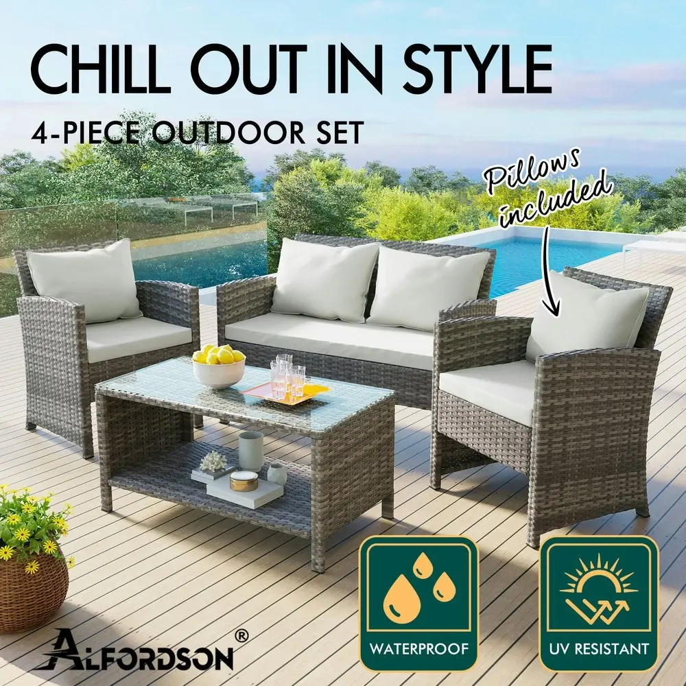 Alfordson Outdoor Furniture 4PCS Patio Wicker Set Pillows Grey