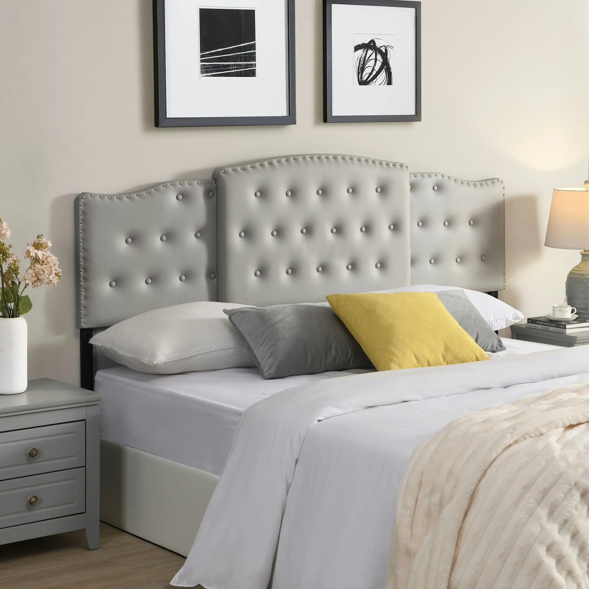 IHOMDEC Upholstered Size 3 In 1 Bed Headboard 3 levels for Height & Width Adjustment Grey