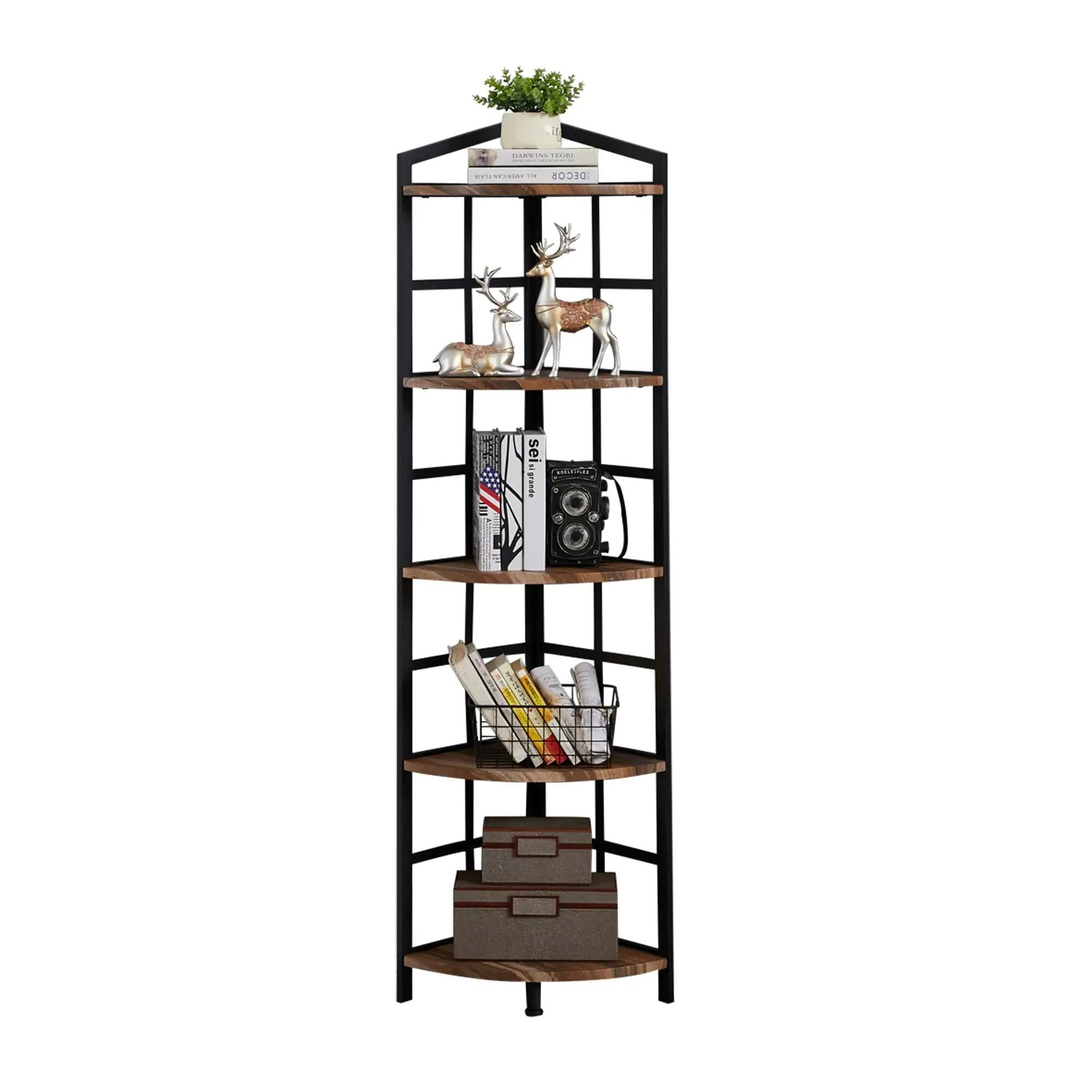 IHOMDEC 5 Tier Industrial Corner Bookshelf with Metal Frame Brown