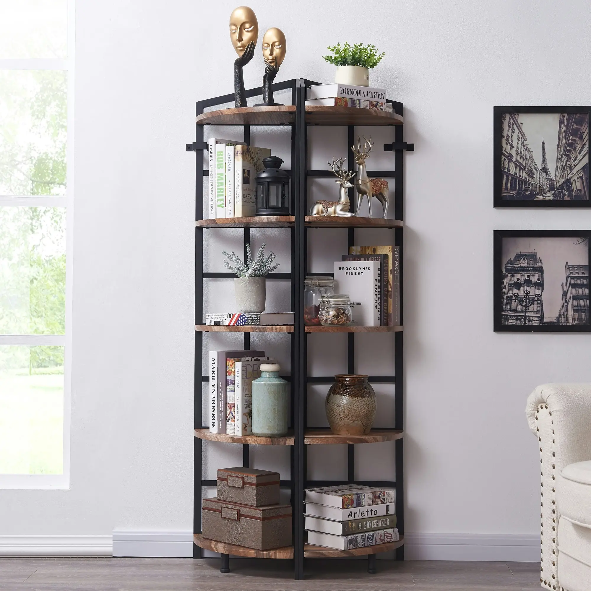 IHOMDEC 5 Tier Industrial Corner Bookshelf with Metal Frame Brown