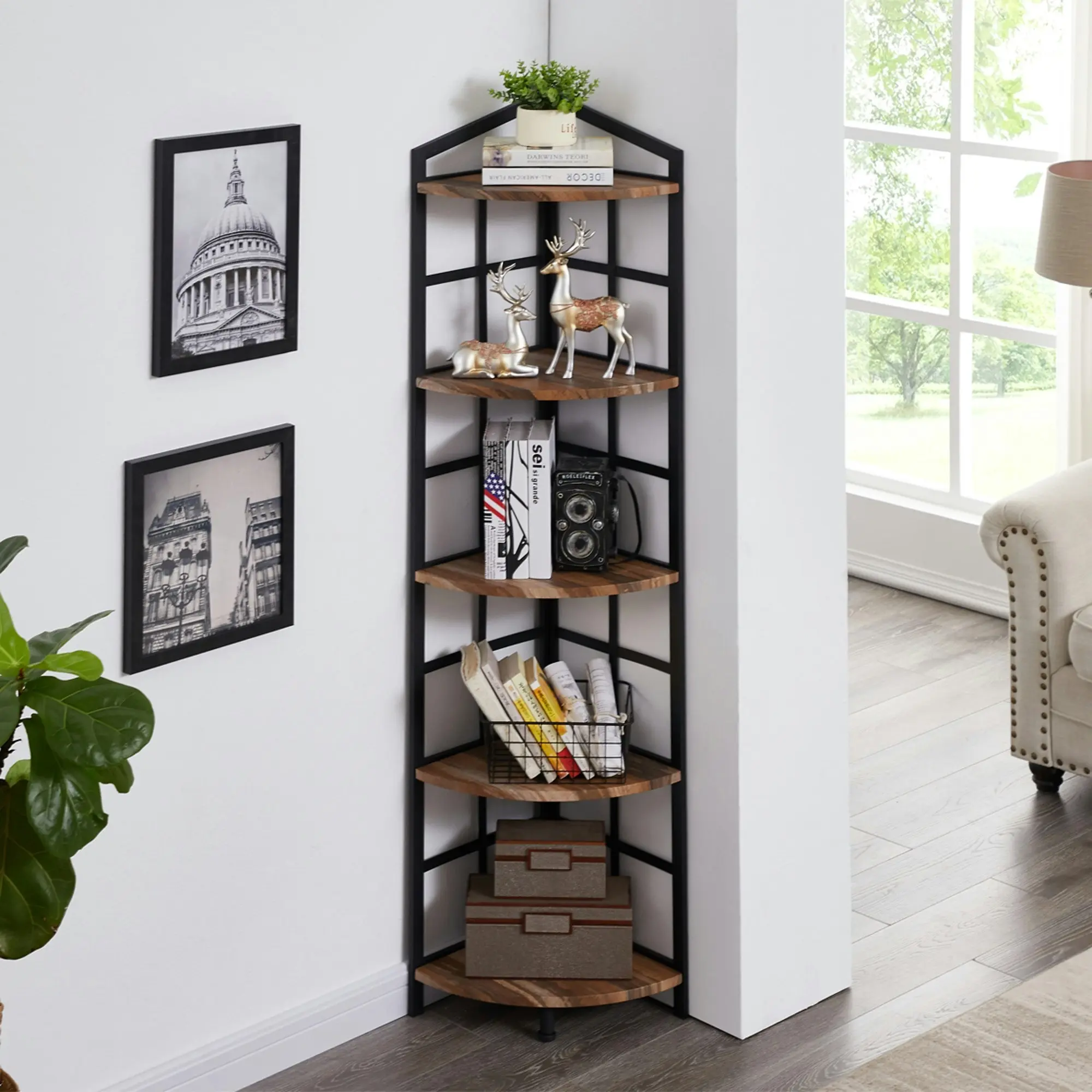 IHOMDEC 5 Tier Industrial Corner Bookshelf with Metal Frame Brown