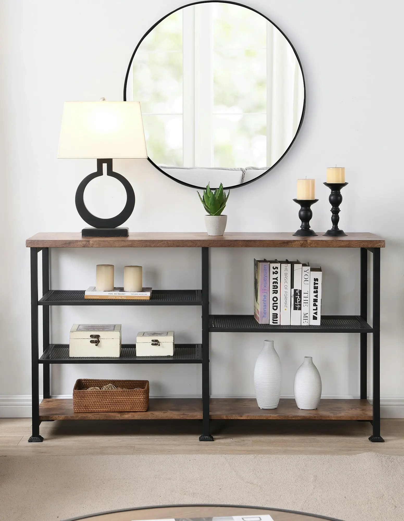 IHOMDEC Industrial 4-Tier Console Table 140cmW Rustic Dark Brown