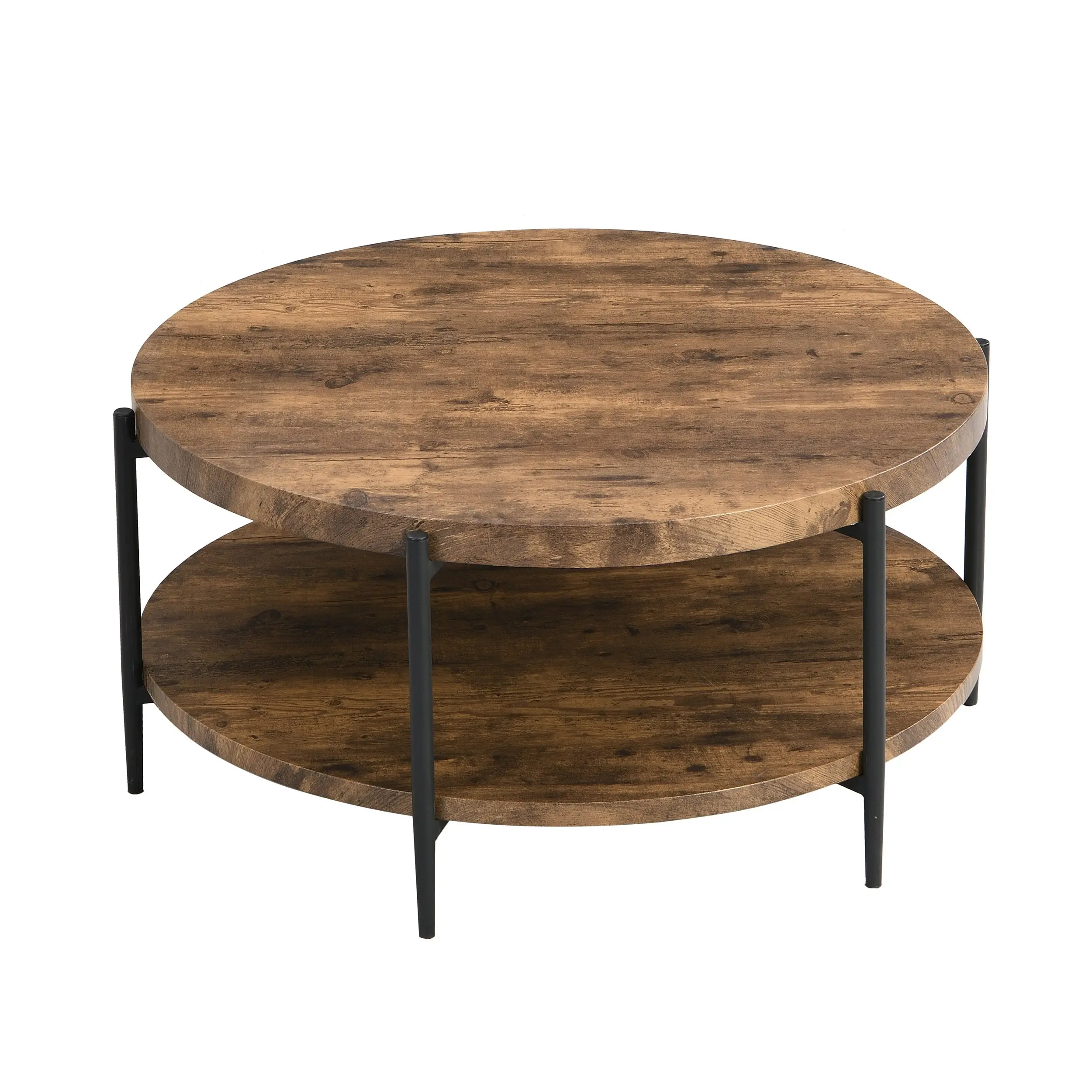 IHOMDEC 2-Tier Industrial Wooden Round Coffee Table with 6 metal legs Rustic Dark Brown