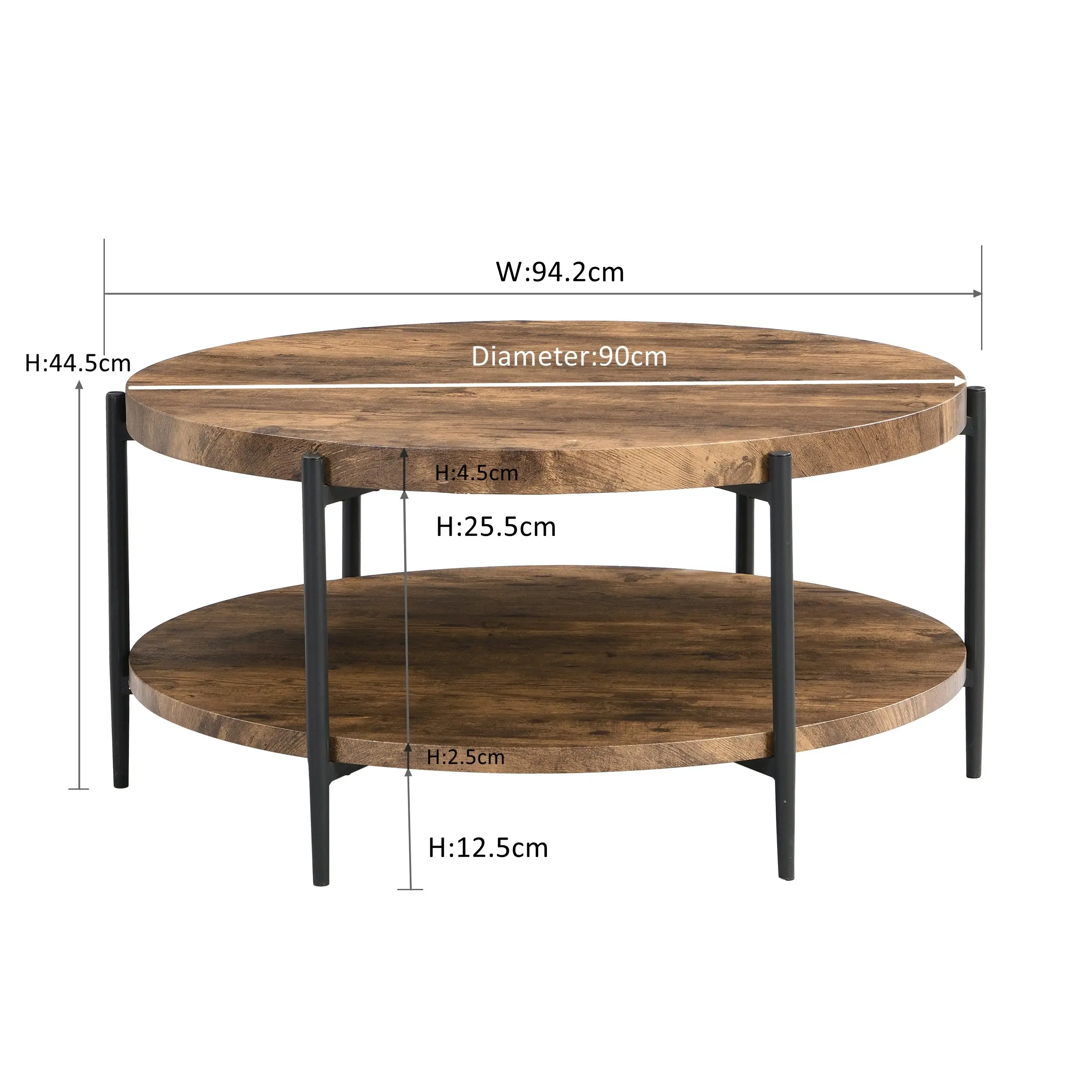 IHOMDEC 2-Tier Industrial Wooden Round Coffee Table with 6 metal legs Rustic Dark Brown