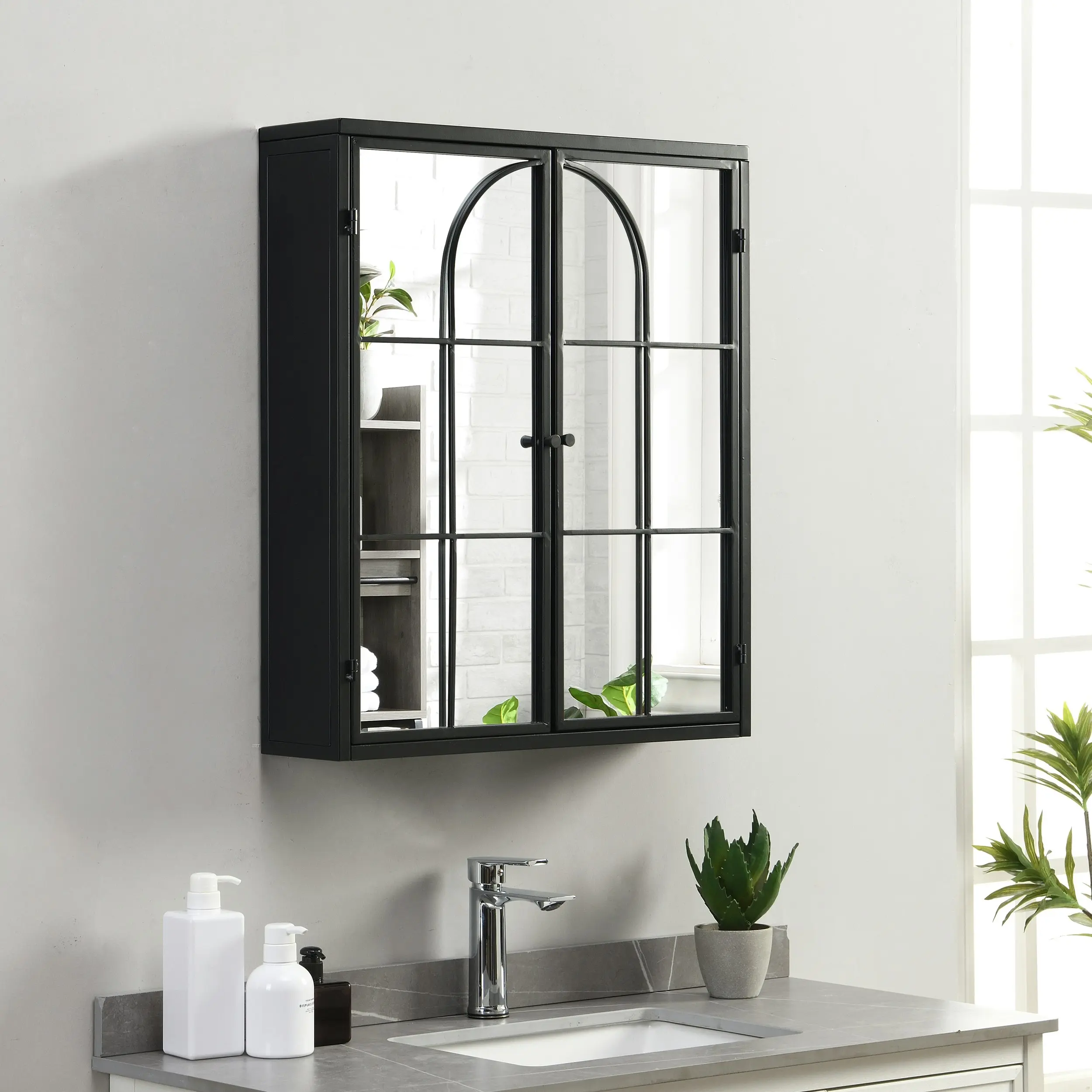 IHOMDEC Rectangle Metal Frame Wall Mounted Cabinet with Mirror Doors Black