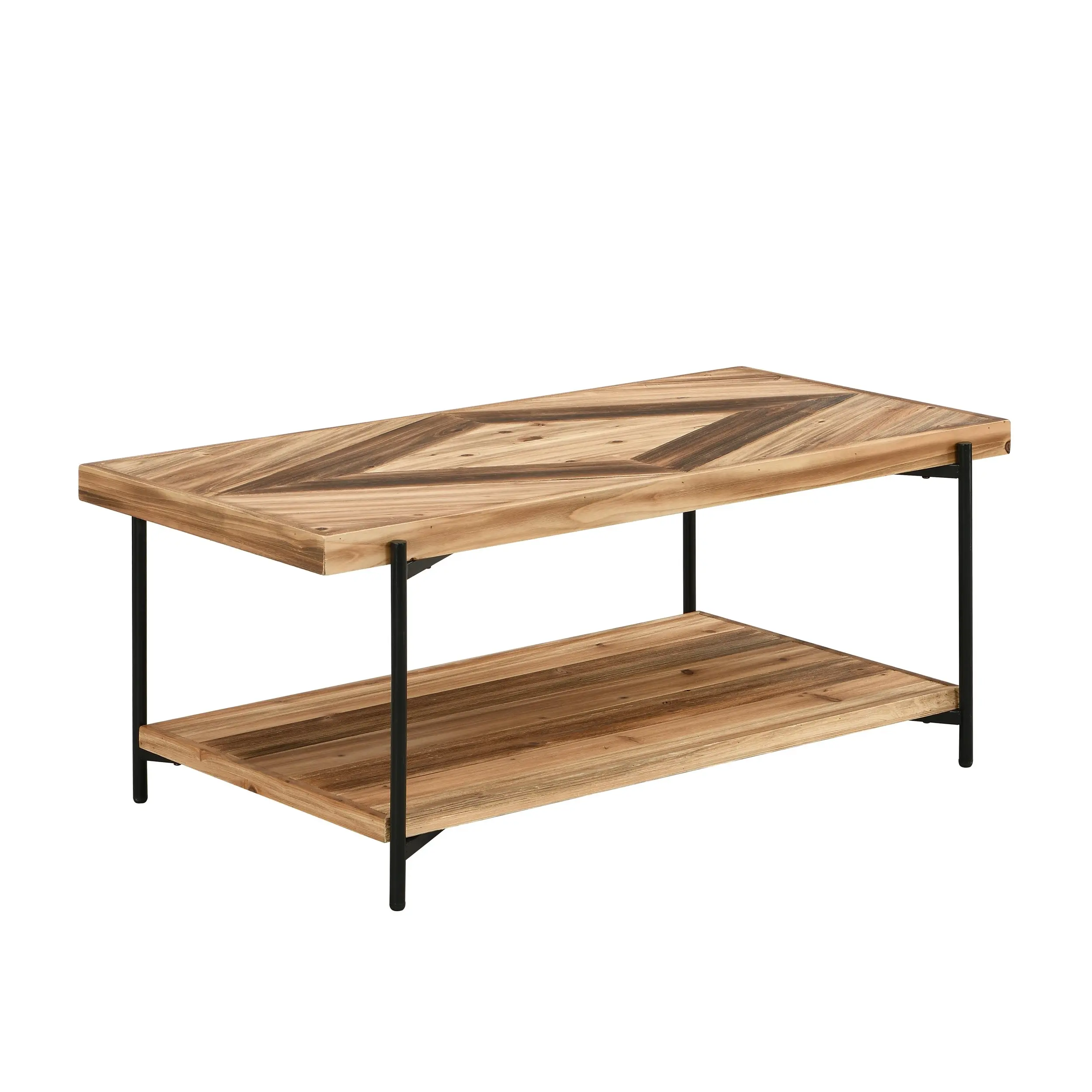 IHOMDEC 2-Tier Rectangle Metal & Fir Wood Coffee Table with Top Unique Diamond Pattern Brown