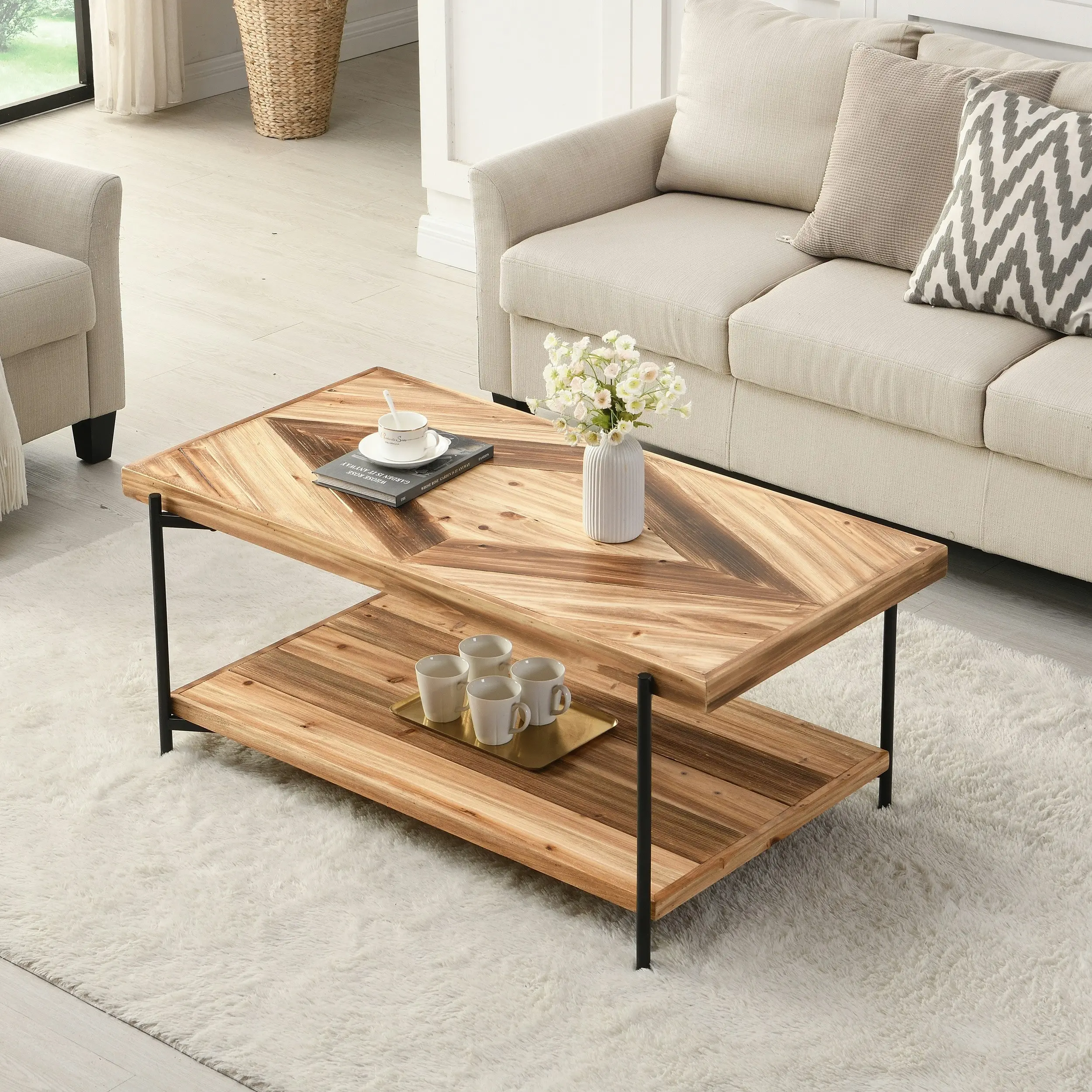 IHOMDEC 2-Tier Rectangle Metal & Fir Wood Coffee Table with Top Unique Diamond Pattern Brown