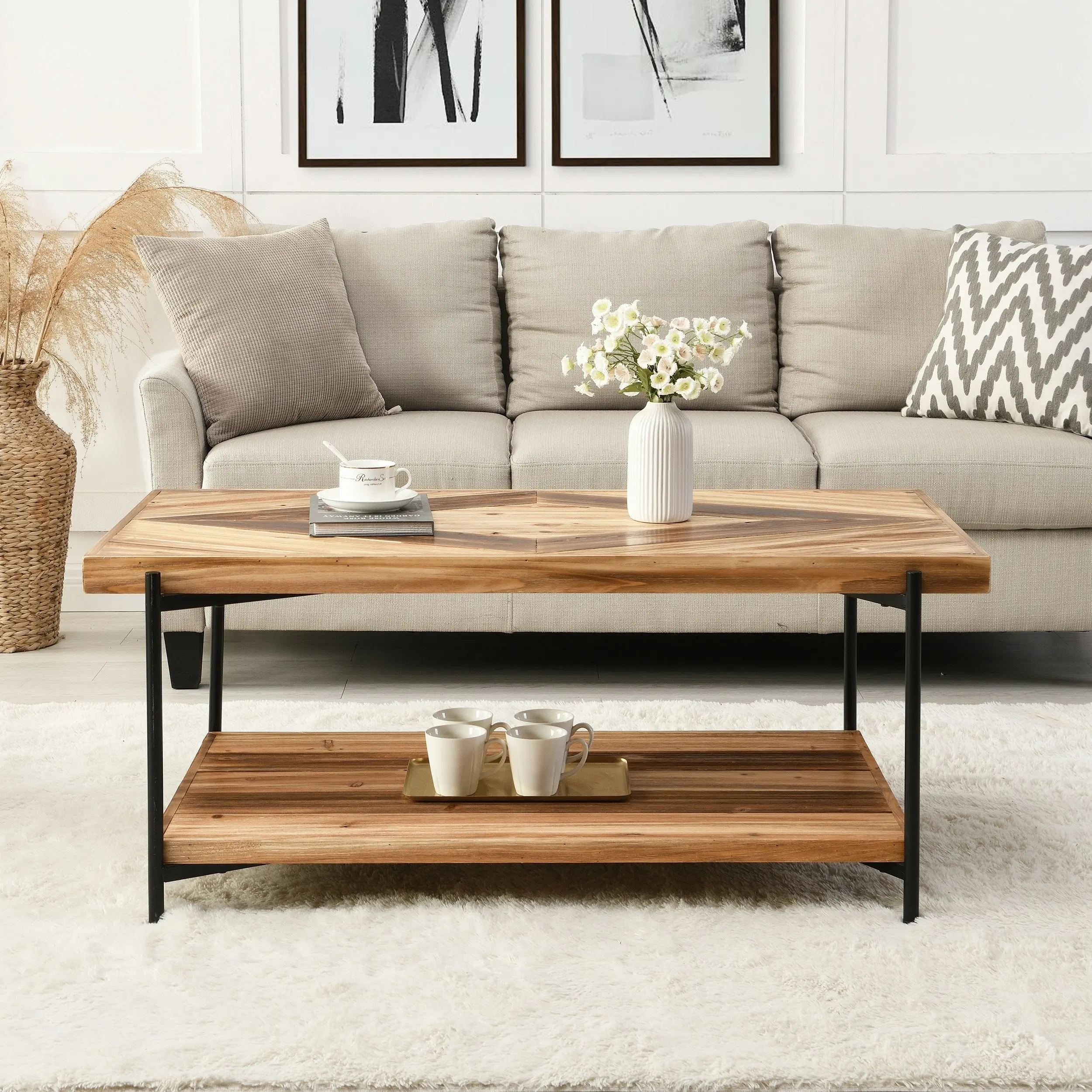 IHOMDEC 2-Tier Rectangle Metal & Fir Wood Coffee Table with Top Unique Diamond Pattern Brown