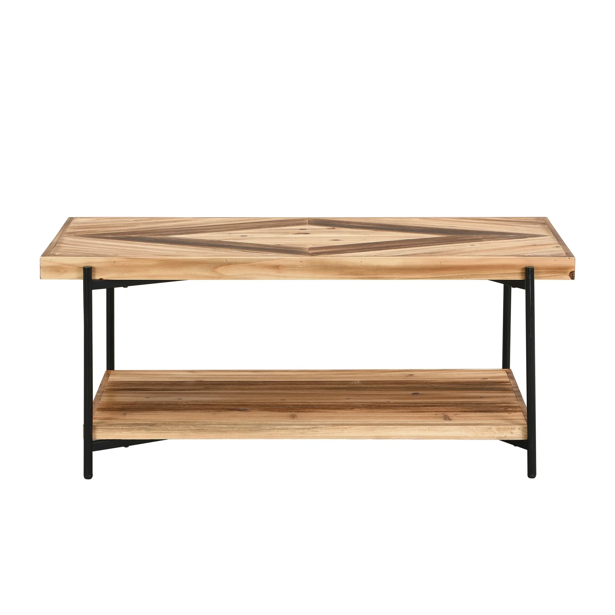 IHOMDEC 2-Tier Rectangle Metal & Fir Wood Coffee Table with Top Unique Diamond Pattern Brown