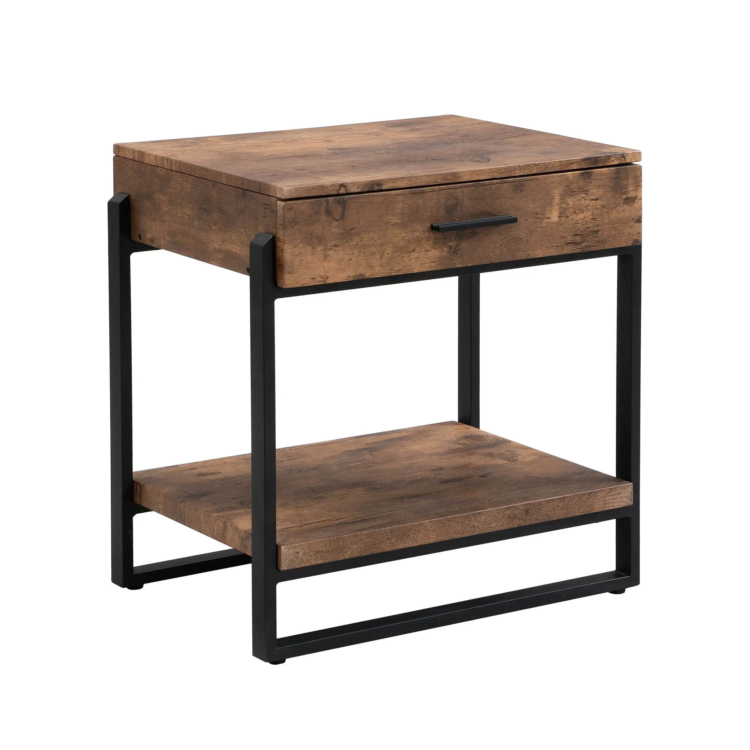 IHOMDEC Industrial Wood and Metal Night Stands with Drawer Rustic Dark Brown