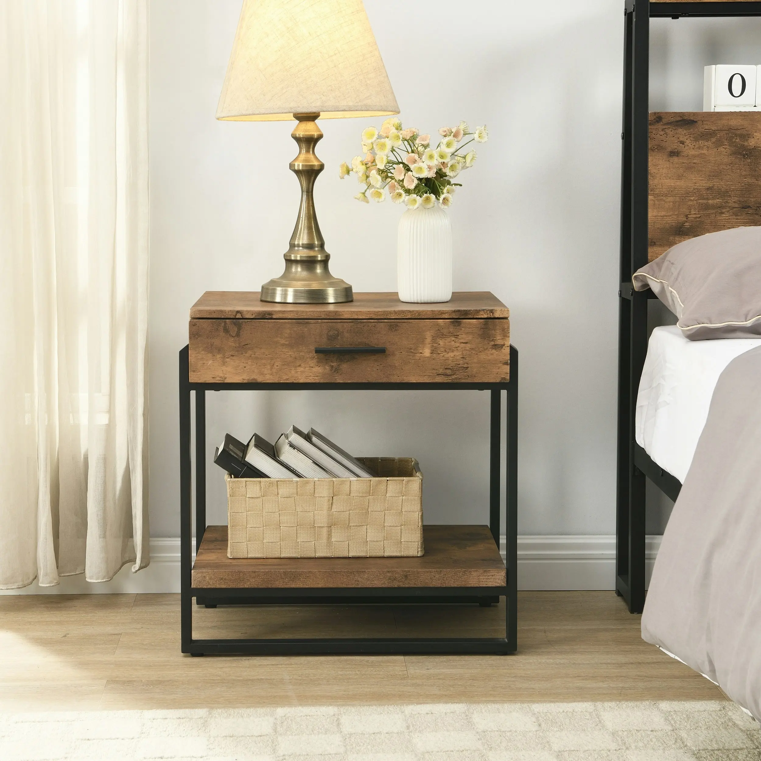 IHOMDEC Industrial Wood and Metal Night Stands with Drawer Rustic Dark Brown