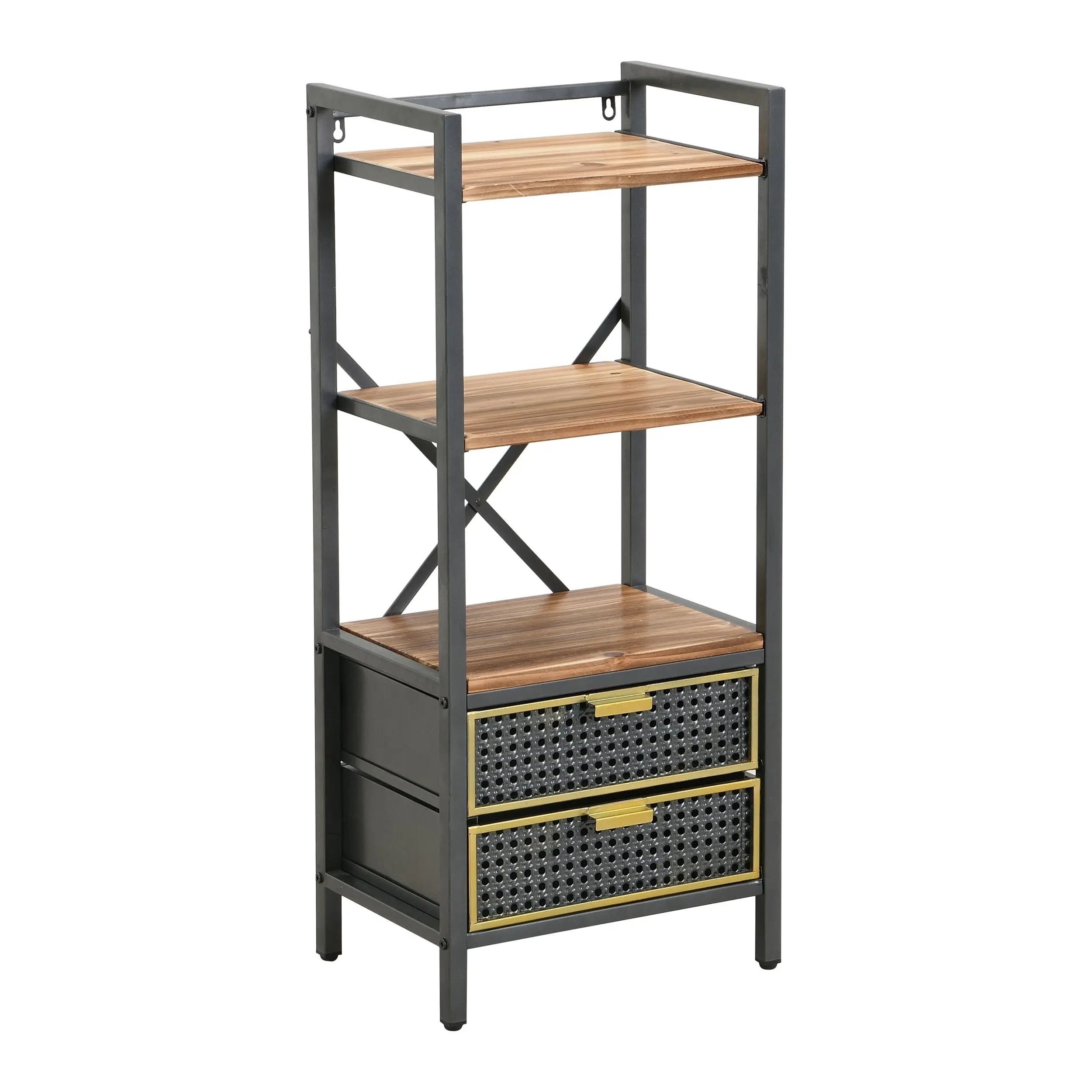 IHOMDECC 5-Tier Wood and Metal Display Standing Bookshelf 2 Storage Drawers Grey