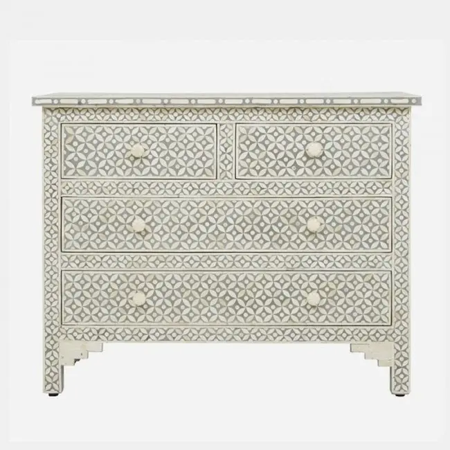 Zohi Interiors Bone Inlay 4 Drawer Chest in Celtic Grey