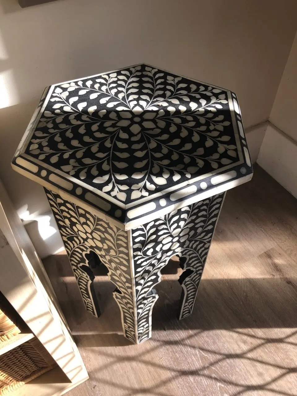 Zohi Interiors Bone Inlay Tall Hexa Side Table in Black