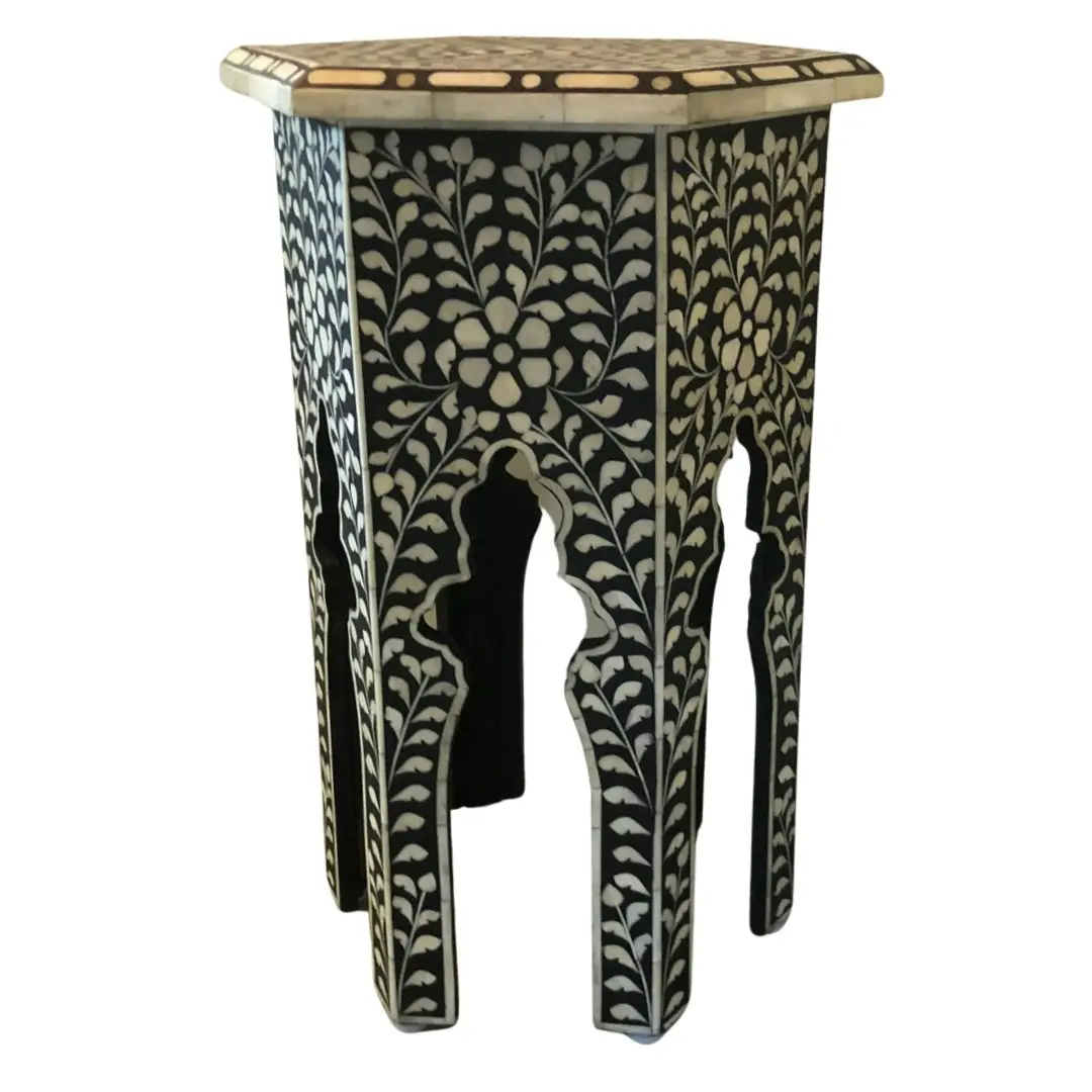 Zohi Interiors Bone Inlay Tall Hexa Side Table in Black