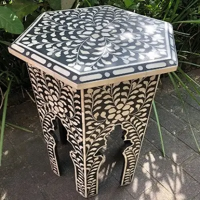 Zohi Interiors Bone Inlay Tall Hexa Side Table in Black