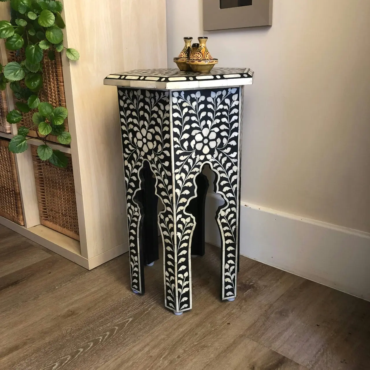 Zohi Interiors Bone Inlay Tall Hexa Side Table in Black