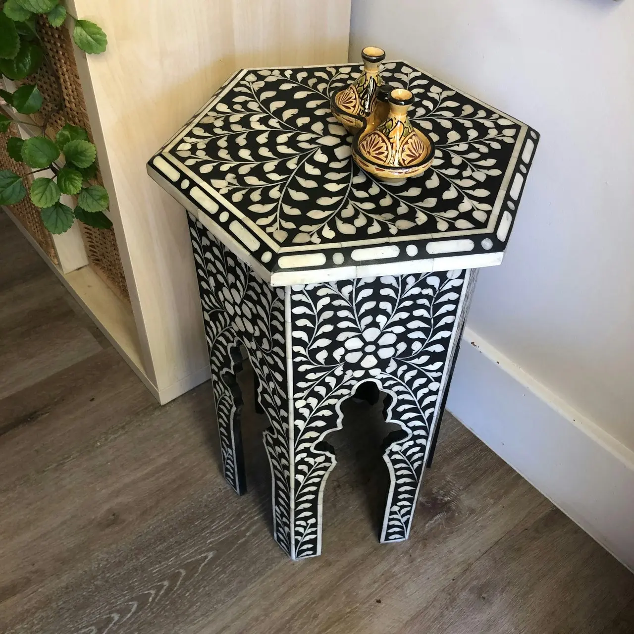 Zohi Interiors Bone Inlay Tall Hexa Side Table in Black