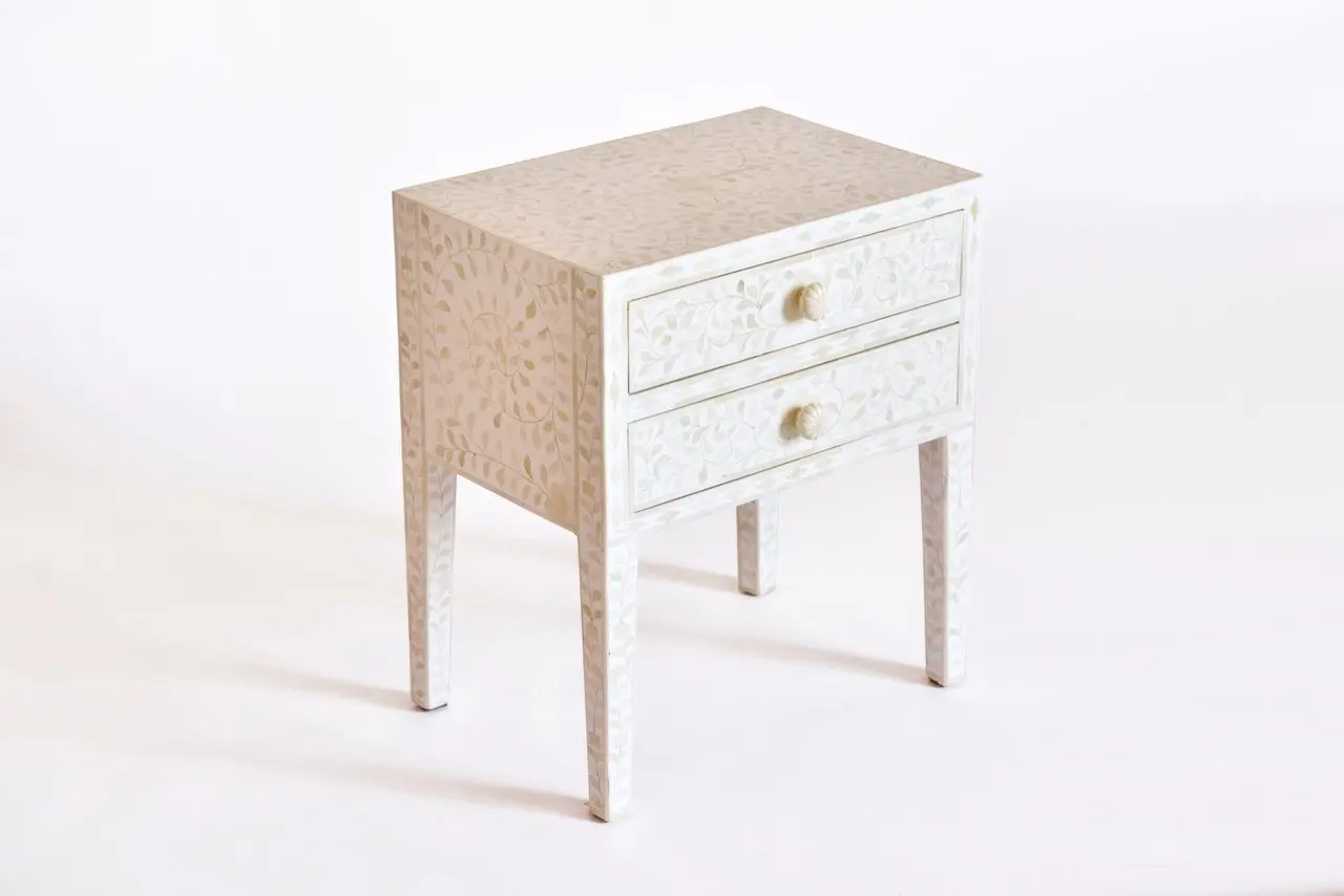 Zohi_Interiors Bone Inlay Bedside Table with 2 Drawers in White