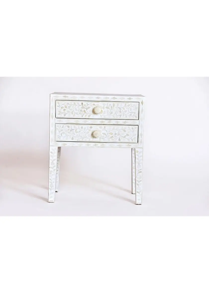 Zohi_Interiors Bone Inlay Bedside Table with 2 Drawers in White