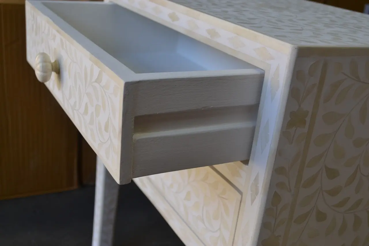 Zohi_Interiors Bone Inlay Bedside Table with 2 Drawers in White