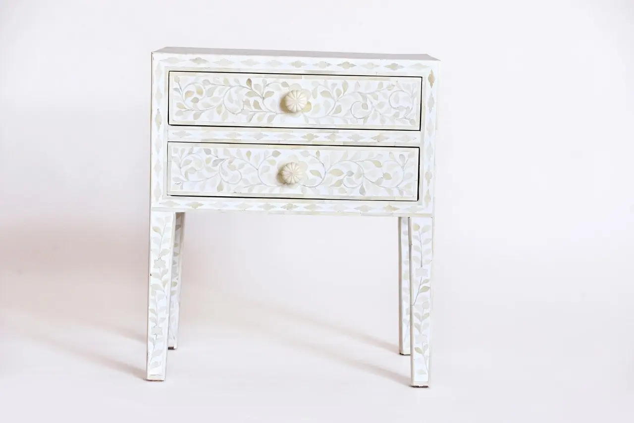 Zohi_Interiors Bone Inlay Bedside Table with 2 Drawers in White