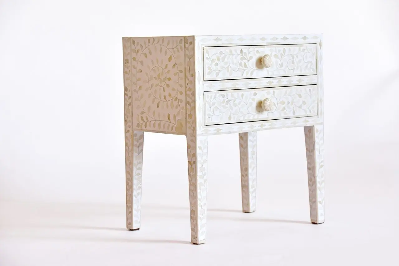 Zohi_Interiors Bone Inlay Bedside Table with 2 Drawers in White