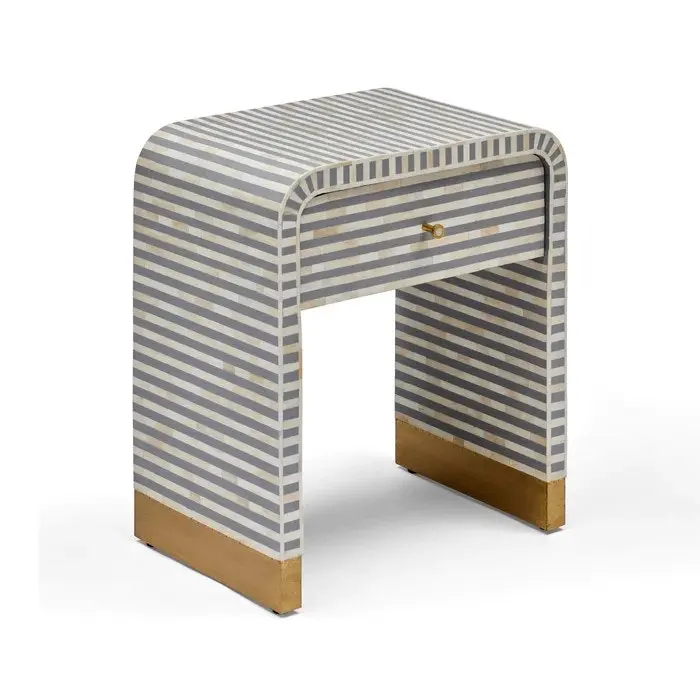 Zohi Interiors Bone Inlay Waterfall Side Table with Drawer in Grey