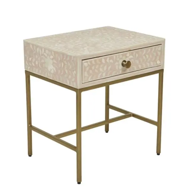 Zohi Interiors Bone Inlay Lorelle Bedside Table with Brass Legs in Blush