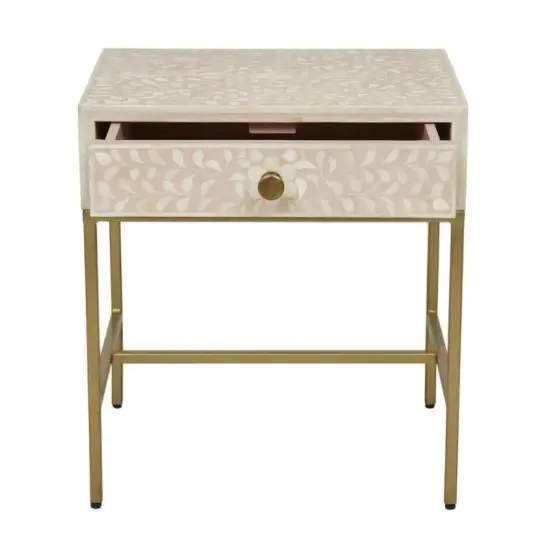 Zohi Interiors Bone Inlay Lorelle Bedside Table with Brass Legs in Blush