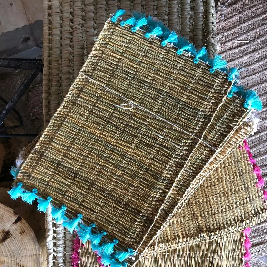 Zohi Interiors Handmade Marrakech Cotton & Raffia Placemat with Aqua Tassels