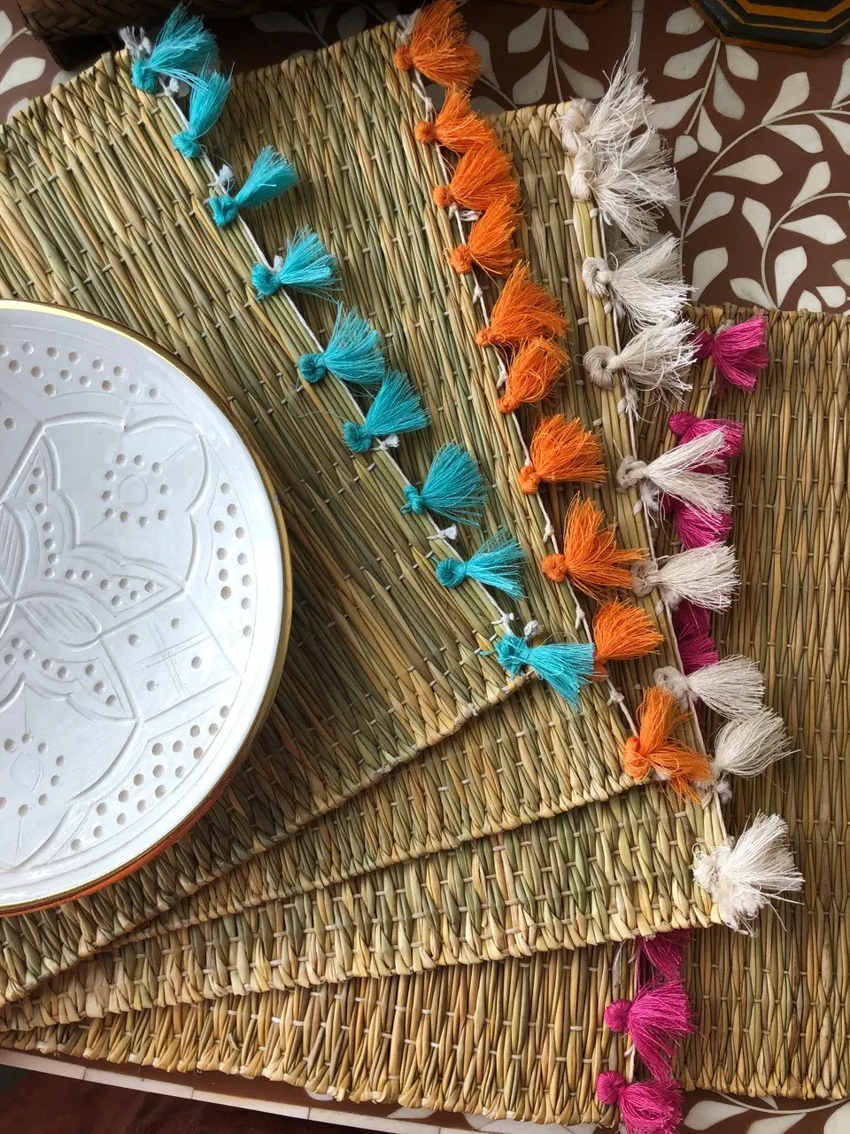 Zohi Interiors Handmade Marrakech Cotton & Raffia Placemat with Aqua Tassels