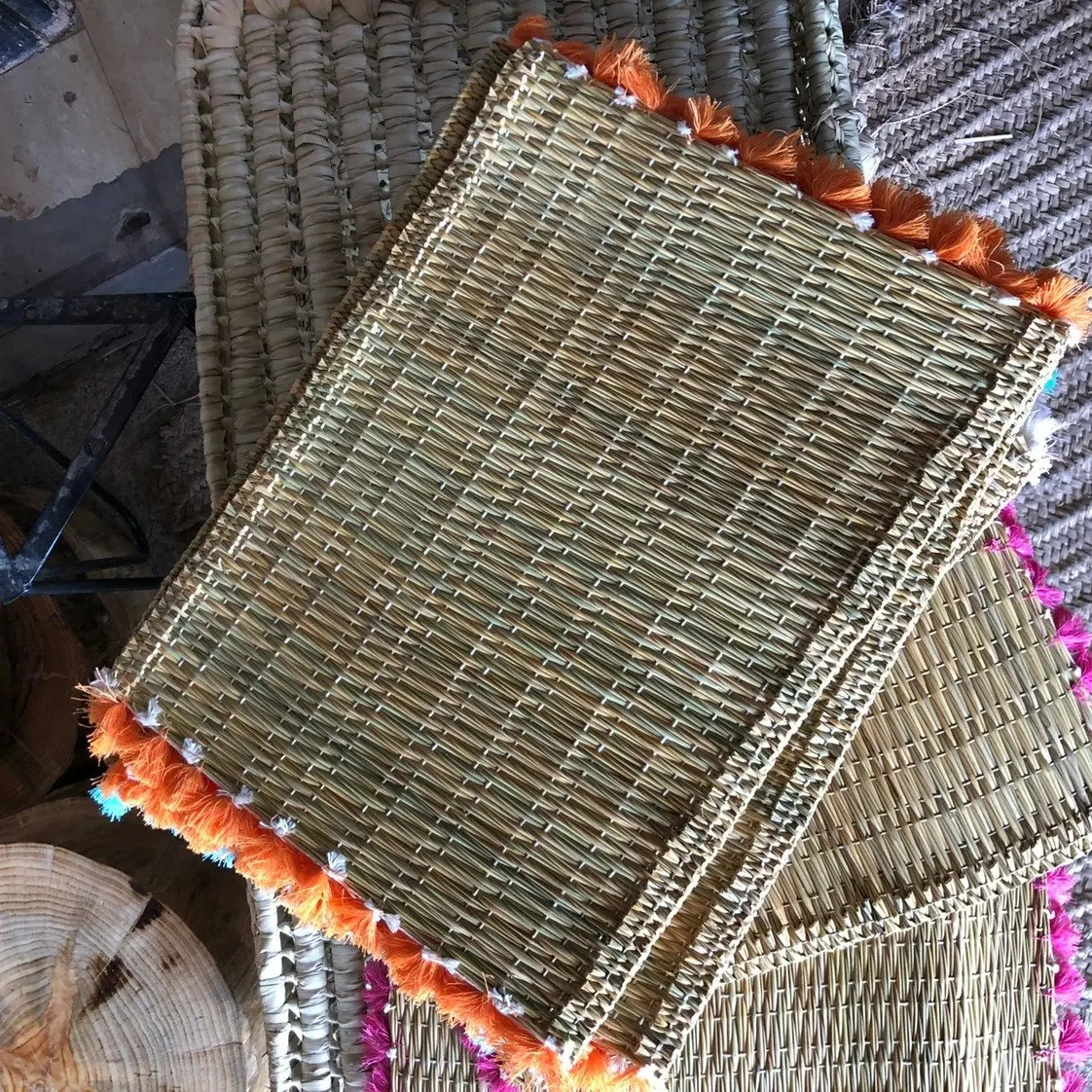 Zohi Interiors Handmade Marrakech Cotton & Raffia Placemat with Orange Tassels