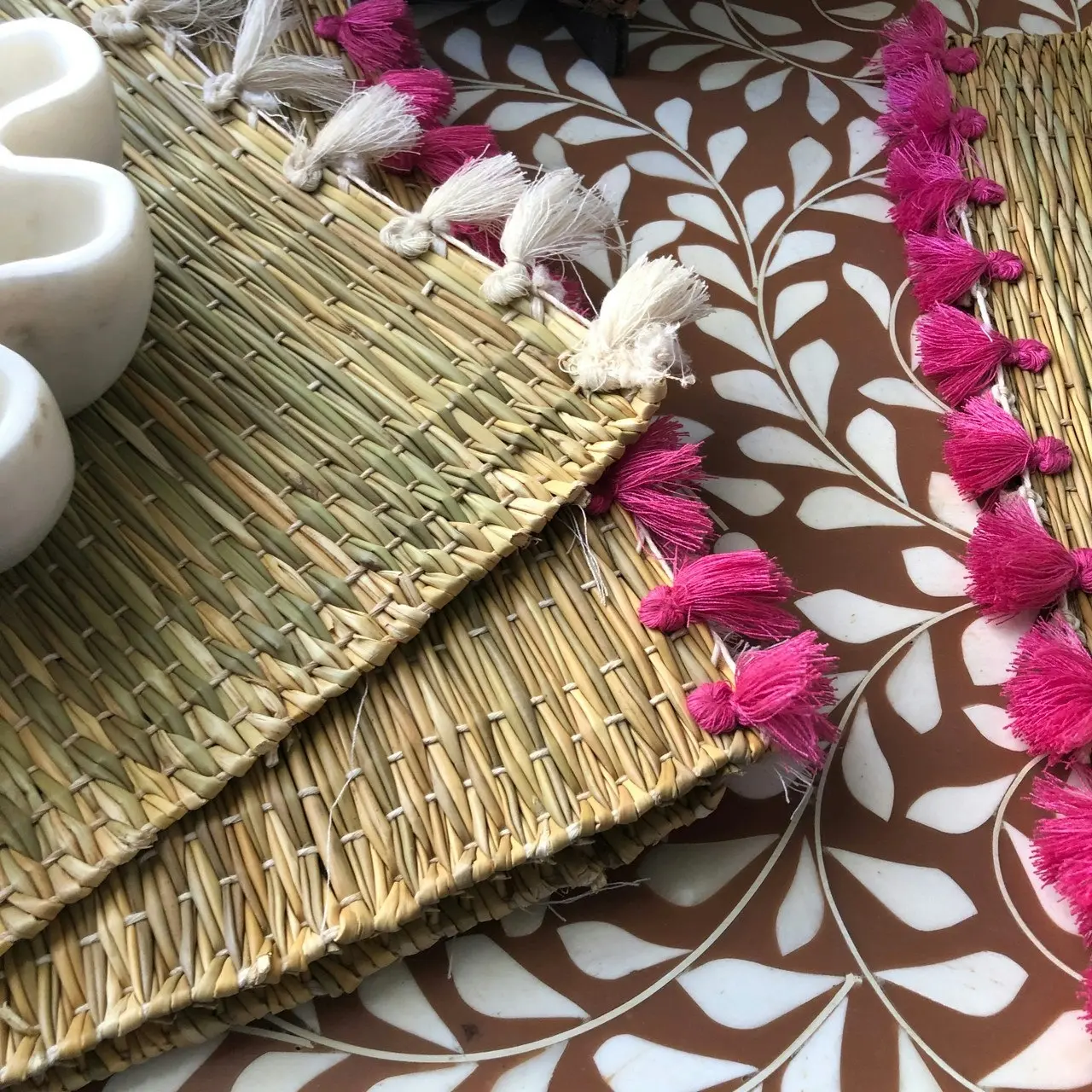 Zohi Interiors Handmade Marrakech Cotton & Raffia Placemat with Hot Pink Tassels