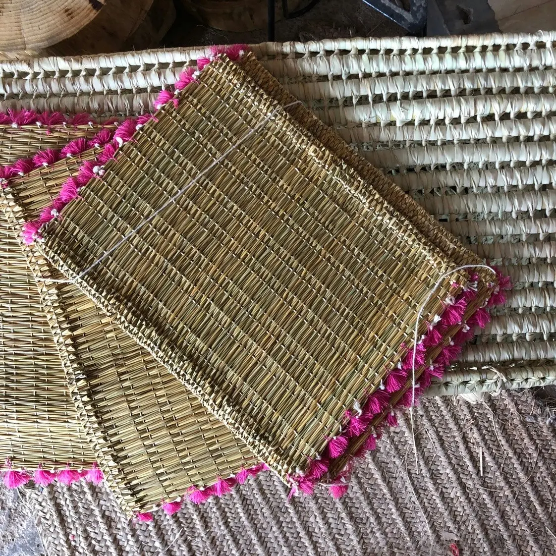 Zohi Interiors Handmade Marrakech Cotton & Raffia Placemat with Hot Pink Tassels