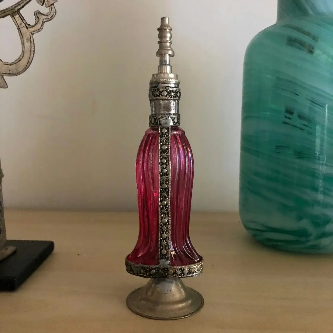 Fez Furniture & Homewares Moroccan Perfume Bottle with Silver Nickel Detail in Clear Glass