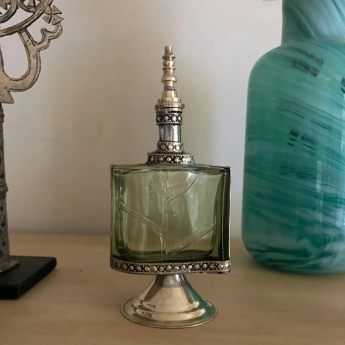 Fez Furniture & Homewares Moroccan Perfume Bottle with Silver Nickel Detail in Clear Glass