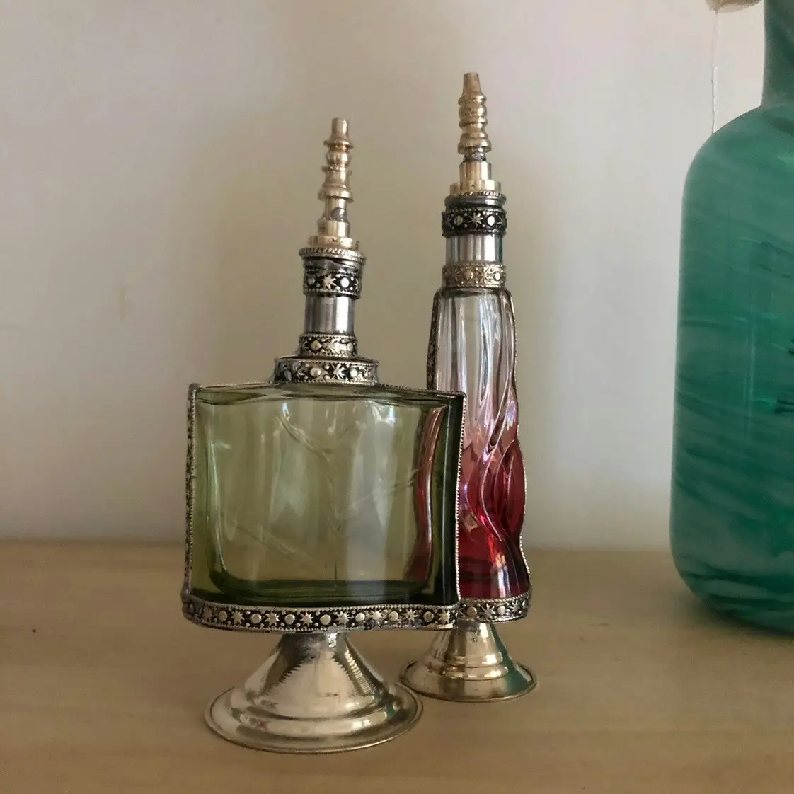 Fez Furniture & Homewares Moroccan Perfume Bottle with Silver Nickel Detail in Clear Glass