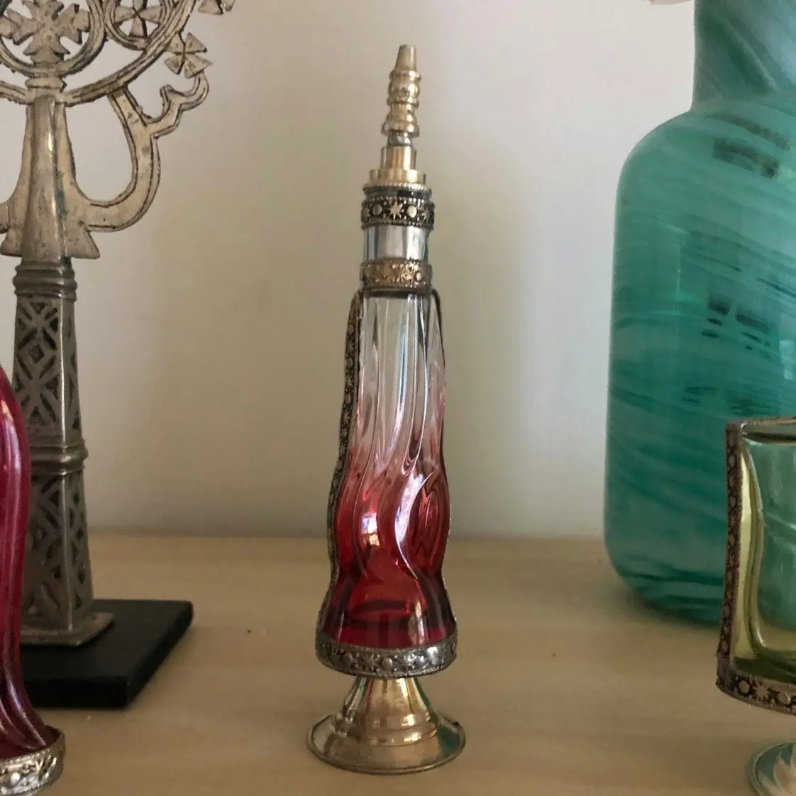 Fez Furniture & Homewares Moroccan Perfume Bottle with Silver Nickel Detail in Clear Glass