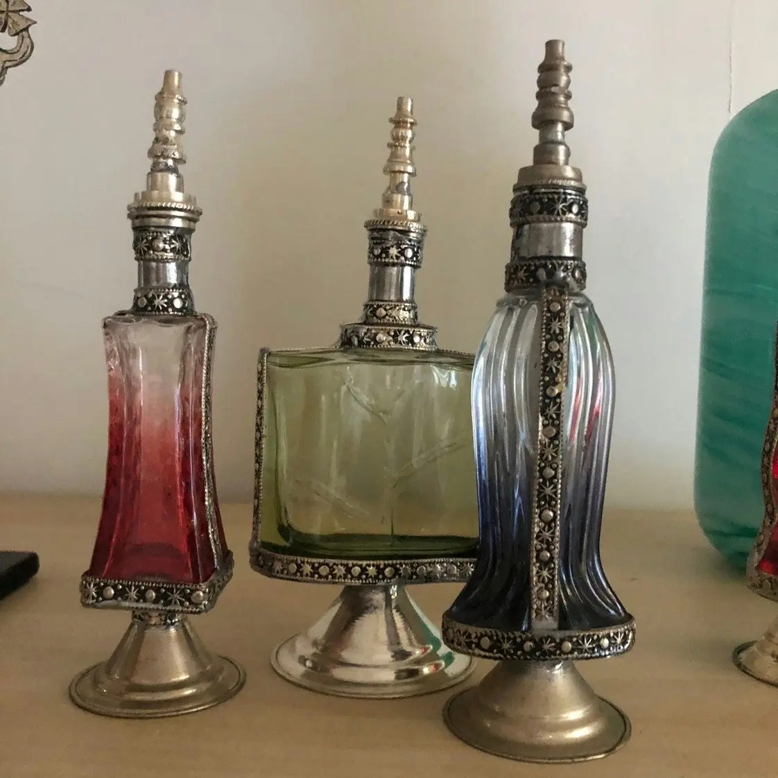 Fez Furniture & Homewares Moroccan Perfume Bottle with Silver Nickel Detail in Clear Glass