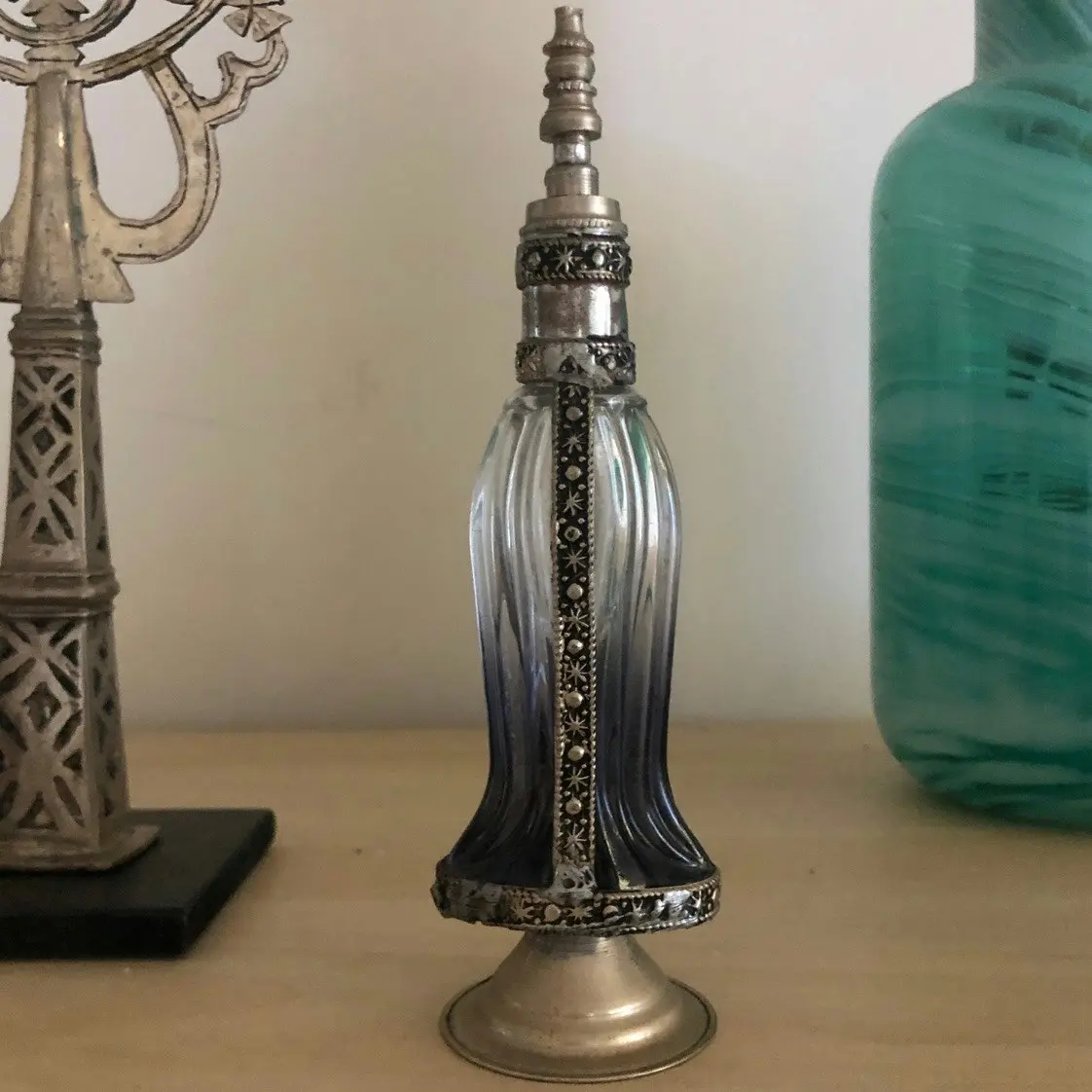 Fez Furniture & Homewares Moroccan Perfume Bottle with Silver Nickel Detail in Clear Glass