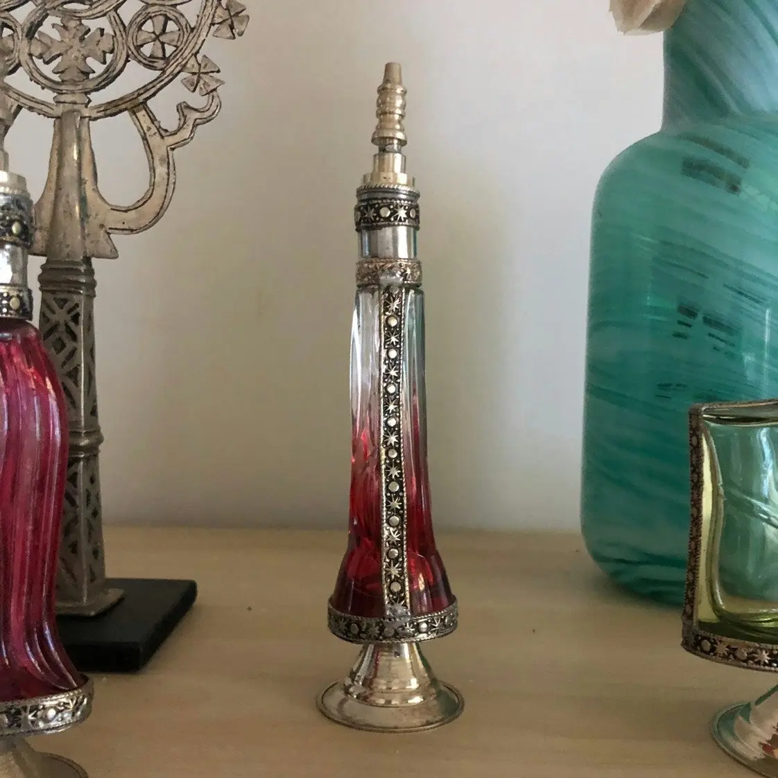 Fez Furniture & Homewares Moroccan Perfume Bottle with Silver Nickel Detail in Clear Glass