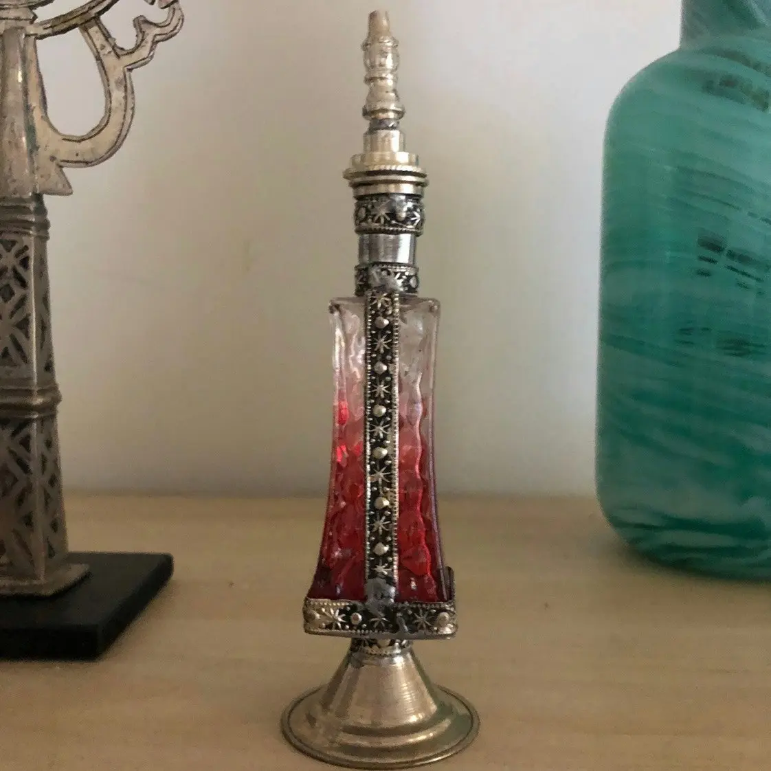 Fez Furniture & Homewares Moroccan Perfume Bottle with Silver Nickel Detail in Clear Glass