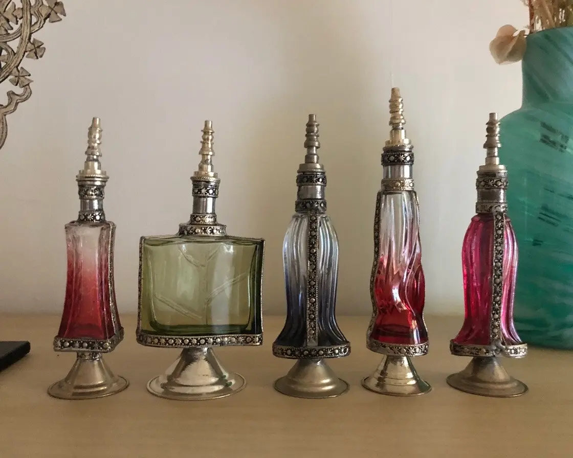 Fez Furniture & Homewares Moroccan Perfume Bottle with Silver Nickel Detail in Clear Glass