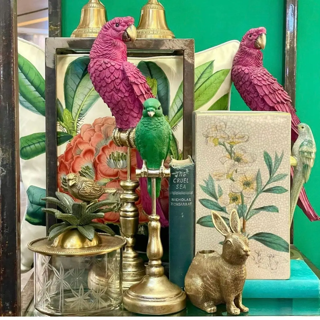 Singa Brass & Ceramic Parrot on Stand in Fuchsia