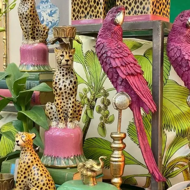 Singa Brass & Ceramic Parrot on Stand in Fuchsia