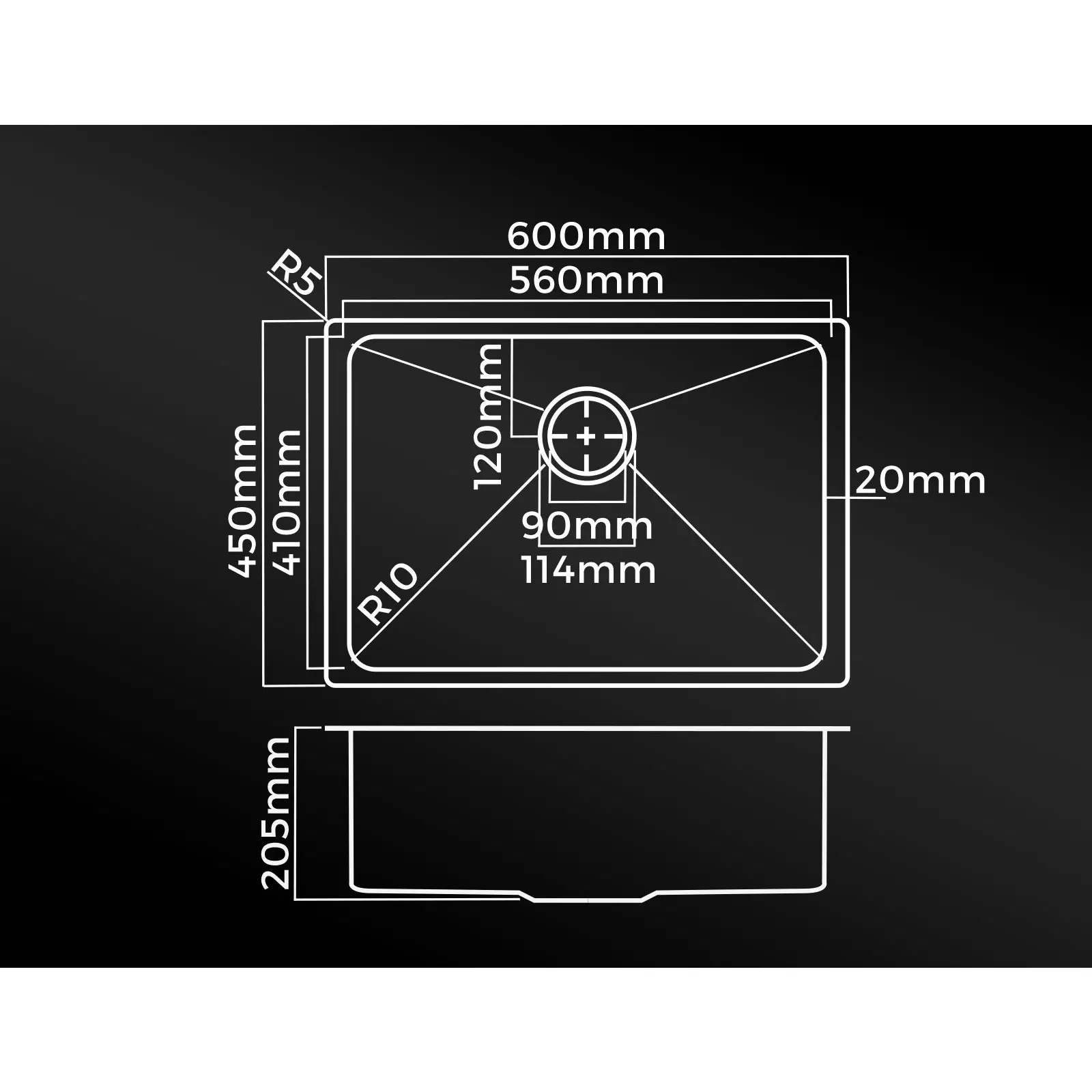 Welba Kitchen Sink Stainless Steel Basin Single Under/Top/Flush Mount 60X45CM