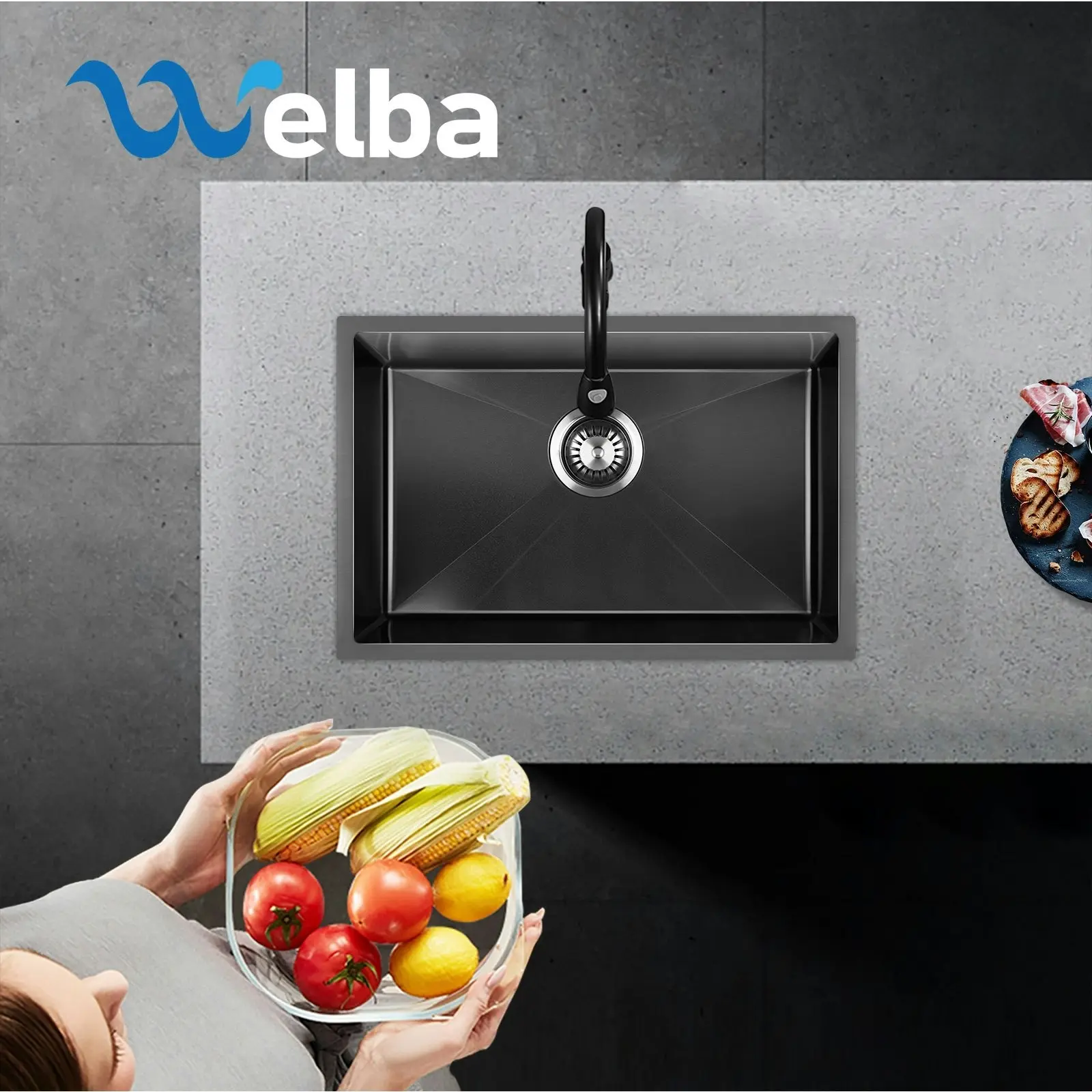 Welba Kitchen Sink Stainless Steel Basin Single Under/Top/Flush Mount 60X45CM